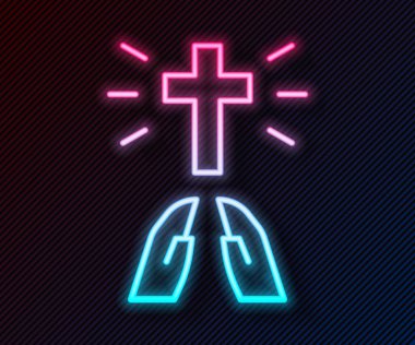 Parlayan neon hattı Eller dua pozisyonunda siyah arkaplanda izole edilmiş ikon. Tanrı 'ya inanç ve umutla dua edin. Vektör.
