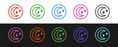 Ay ve yıldız çizgisi simgesi siyah ve beyaz arkaplanda izole edildi. Bulutlu gece işareti. Uyku rüyalarının sembolü. Dolunay. Gece ya da yatak zamanı tabelası. Vektör