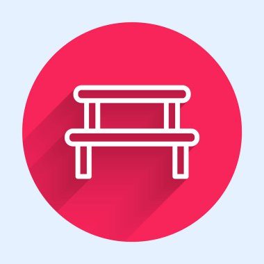 Beyaz çizgi sauna ahşap ikonu uzun gölge arkaplan izole. Kırmızı daire düğmesi. Vektör