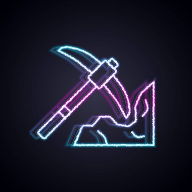 Parlayan neon hattı. Siyah arka planda izole edilmiş altın madenciliği ikonu. Vektör