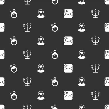 Zarfı sevgililer günü kalbiyle, şamdanla, şişe aşk iksiriyle ve kusursuz desenle ayarla. Vektör