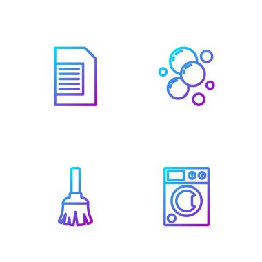 Çamaşır makinesi, süpürge, çamaşır deterjanı ve sabun köpüğü. Renk simgeleri. Vektör