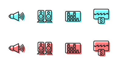 Satır Müzik eşitleyicisi, Hoparlör sesi, Stereo hoparlörü ve dalga simgesi ayarla. Vektör
