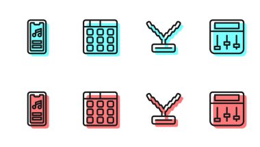 Set hattı rapçi zinciri, müzik çalar, bateri makinesi müziği ve ikon. Vektör