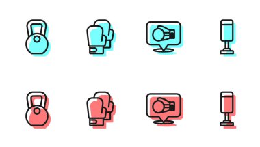 Sıralı boks eldiveni, ağırlık ve kum torbası ikonu. Vektör