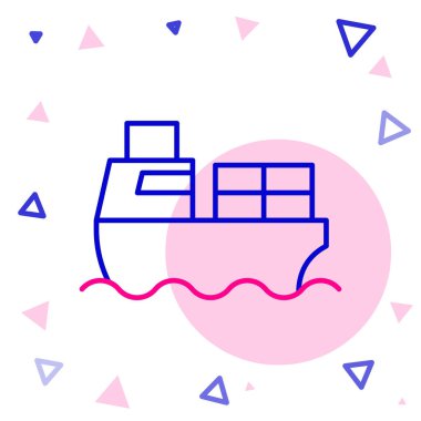 Beyaz arkaplanda kutucuk servis simgesine sahip çizgi kargo gemisi. Teslimat, ulaşım. Paketleri, kutuları, malları olan bir şilep. Renkli taslak konsepti. Vektör