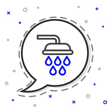 Beyaz zemin üzerinde su damlaları akan ikon olan çizgi duş başlığı izole edildi. Renkli taslak konsepti. Vektör