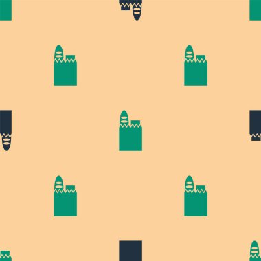 Yeşil ve siyah kağıt alışveriş torbası ve bej arka planda izole edilmiş yiyecek ikonu. Yiyecek dükkanı, süpermarket. Vektör İllüstrasyonu.