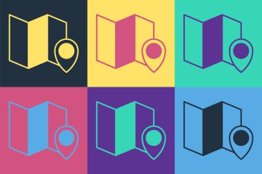 Pop Art Katlanmış Harita renk arkaplanında konum simgesi simgesi izole edildi. Vektör.
