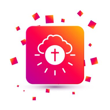 Beyaz arka planda izole edilmiş halka simgesindeki beyaz dini haç. Tanrı sevgisi, Katolik ve Hıristiyan sembolü. İnsanlar aşk ve barış için dua eder. Kare renk düğmesi. Vektör.