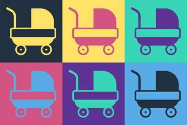 Pop Art Baby bebek arabası simgesi renk arkaplanında izole edildi. Bebek arabası, at arabası, bebek arabası, bebek arabası, tekerlek. Vektör