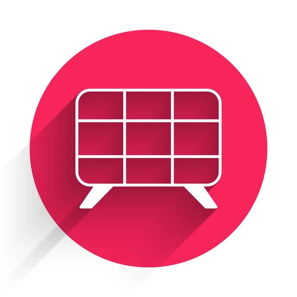 White Solar Energy Panel Icon Isolated Long Shadow Background Red — Stockvektor