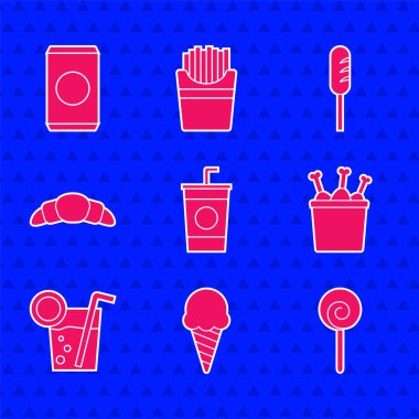 Kamışlı kağıt bardak, waffle külahında dondurma, lolipop, tavuk budu paketi, Kokteyl, Kruvasan, kızarmış sosis ve soda ikonu. Vektör