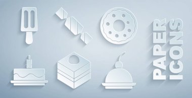 Brownie çikolatalı pasta, çörek, yanan mumlu kek, kirazlı cheesecake, şeker ve dondurma ikonu. Vektör