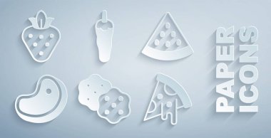 Kraker bisküvisi, karpuz, biftek, pizza dilimi, acı biber ve çilek ikonu. Vektör