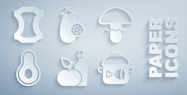 Şişe elma sirkesi, mantar, avokado meyvesi, pişirme kabı ve tavuk bacağı, patlıcan ve deri ikonu. Vektör