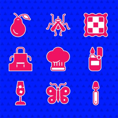 Şef şapkası, Kelebek, Kaşık, Çakmak, Şarap kadehi, Mutfak önlüğü, Kareli peçete ve Armut ikonu. Vektör