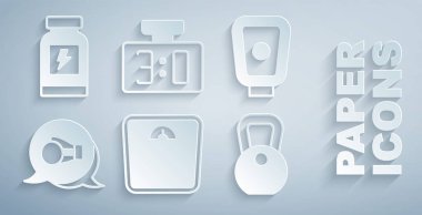 Banyo terazilerini, boks antrenman patilerini, eldiveni, ağırlığı, spor mekanik skorbordu ve enerji içeceği ikonunu ayarlayın. Vektör