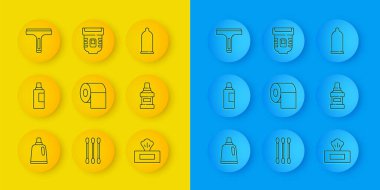 Temizlik malzemesi, tuvalet kağıdı rulosu, ıslak mendil torbası, ağız gargarası şişesi, lastik temizleyici, prezervatif ve epilatör ikonu için dizayn hattı. Vektör