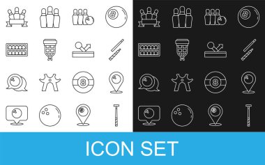 Çizgi çizgisi, bilardo ıstakası, bowling topu, bovling broşu, cep, top standı ve ikon. Vektör