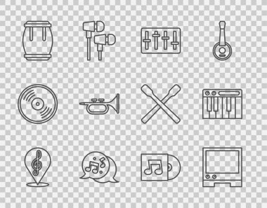 Satır Treble anahtarı, ses karıştırıcı denetleyici, müzik notası, ton, Drum, Trompet, Vinil disk ve sentezleyici simgesi ayarla. Vektör