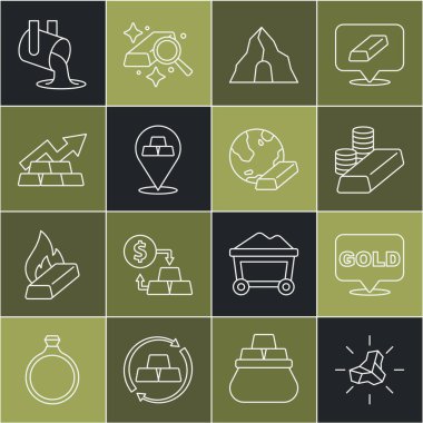 Altın külçe, altın külçe, altın sikke, maden, büyüme oku, erimiş ve ikon dökülüyor. Vektör