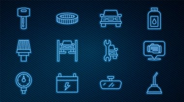 Motor yağı, motor yağı, araba, asansörde araba, filtre, uzaktan kumandalı anahtar, servis ve simge için hat kutusunu ayarlayın. Vektör