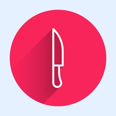 Beyaz çizgi bıçak ikonu uzun gölgeli izole edilmiş. Çatal bıçak sembolü. Kırmızı daire düğmesi. Vektör.