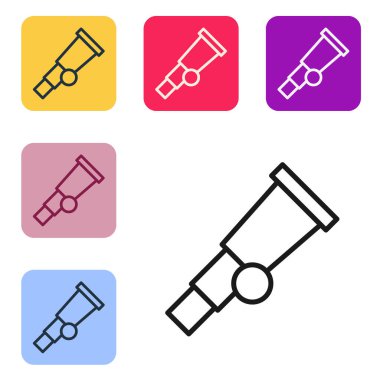 Siyah çizgi Teleskop simgesi beyaz arkaplanda izole edildi. Bilimsel bir alet. Eğitim ve astronomi elementi, dürbün ve çalışma yıldızları. Renkli kare düğmelerle simgeleri ayarla. Vektör