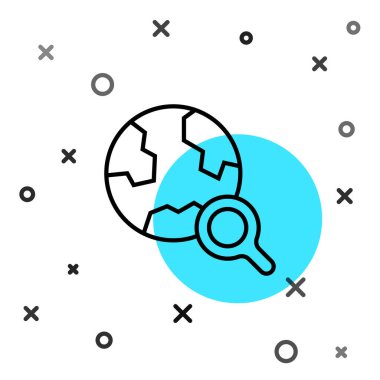 Beyaz arka planda izole edilmiş siyah çizgi büyüteç. Dünyayı analiz ediyorum. Küresel arama işareti. Rastgele dinamik şekiller. Vektör