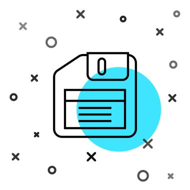 Bilgisayar veri depolama simgesi için siyah çizgi diski beyaz arkaplanda izole edildi. Disket işareti. Rastgele dinamik şekiller. Vektör