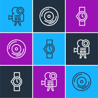 Retro sinema kamerası, bilek saati ve vinil disk simgesini ayarla. Vektör