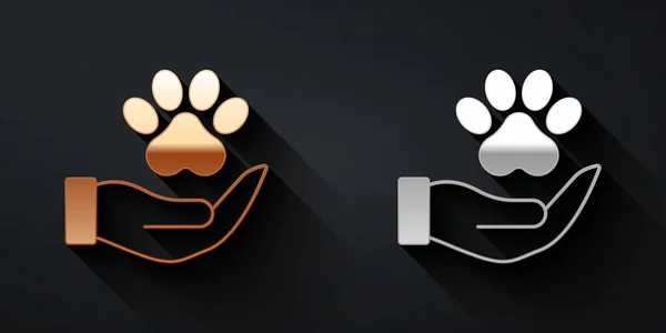 Gold Silver Hands Animals Footprint Icon Isolated Black Background Pet — Vetor de Stock