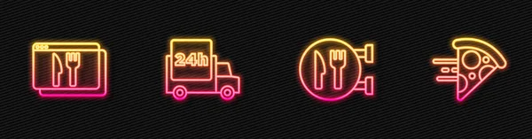 集咖啡店和餐厅位置为一体 网上订餐 快速乘车和披萨 发光的霓虹灯图标 — 图库矢量图片