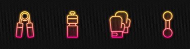 Boks eldiveni Sport genişletici fitness karıştırıcı ve Dumbbell ayarlayın. Parlayan neon ikonu. Vektör.
