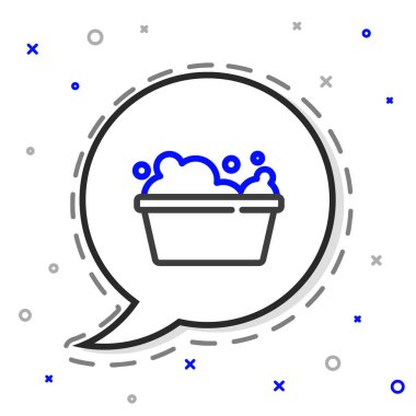 Beyaz zemin üzerinde sabun köpüğü simgesi olan çizgi plastik leğen. Sulu kase. Çamaşır yıkama, temizlik malzemeleri. Renkli taslak konsepti. Vektör.