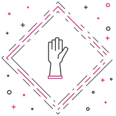 Çizgi lastiği eldiven simgesi beyaz arkaplanda izole edildi. Lateks el koruması işareti. Ev işi temizlik ekipmanları sembolü. Renkli taslak konsepti. Vektör.