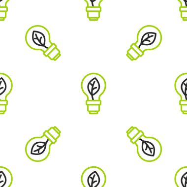 Yaprak simgesine sahip çizgi lambası beyaz arkaplanda izole edilmiş pürüzsüz desen. Çevre enerjisi kavramı. Alternatif enerji kavramı. Vektör.