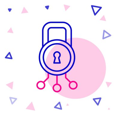 Siber güvenlik simgesi beyaz arkaplanda izole edildi. Dijital devre kartında kapalı asma kilit. Güvenlik kavramı. Dijital veri koruması. Renkli taslak konsepti. Vektör.