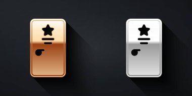 Siyah arka planda altın ve gümüş sahne arkası ikonu izole edildi. Üzerinde yıldız işareti olan kapı. Ünlüler için giyinmek. Uzun gölge tarzı. Vektör.