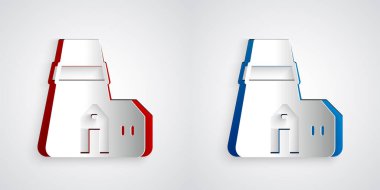 Kağıt kesimi elektrik santrali ve fabrika simgesi gri arka planda izole edildi. Enerji endüstrisi konsepti. Kağıt sanatı tarzı. Vektör.