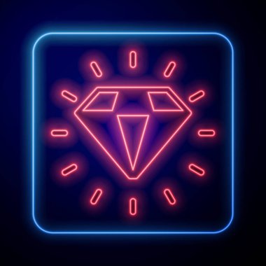 Parlayan neon elmas simgesi siyah arkaplanda izole edildi. Mücevher sembolü. Mücevher taşı. Vektör.