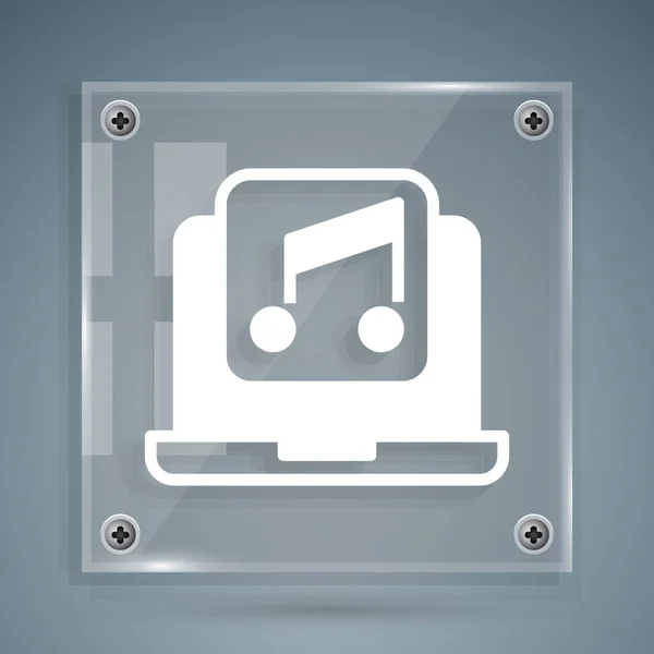 White Laptop Music Note Symbol Screen Icon Isolated Grey Background — Vector de stock