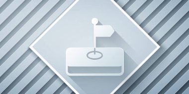 Kağıt kesiği bayrak simgesi gri arkaplanda izole edildi. Yer belirleyici sembol. Kağıt sanatı tarzı. Vektör.