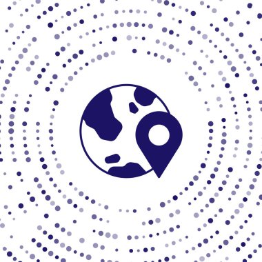 Küresel simgenin mavi konumu beyaz arkaplanda izole edildi. Dünya ya da Dünya işareti. Soyut çember rastgele noktalar. Vektör.