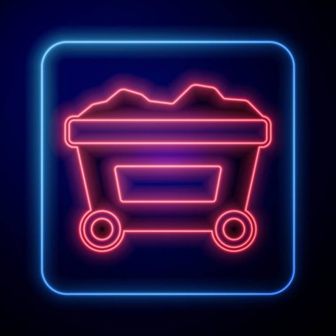 Glowing neon Mine cart with gold icon isolated on black background. Vector.