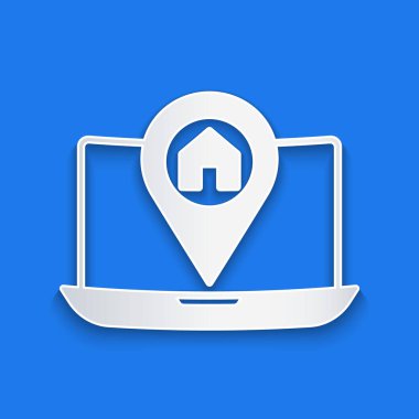 Kağıt kesimi Şehir Haritası yön bulma simgesi mavi arkaplanda izole edildi. Laptop Uygulama Arayüzü tasarımı. Yer belirleme konsepti. Kağıt sanatı tarzı. Vektör.