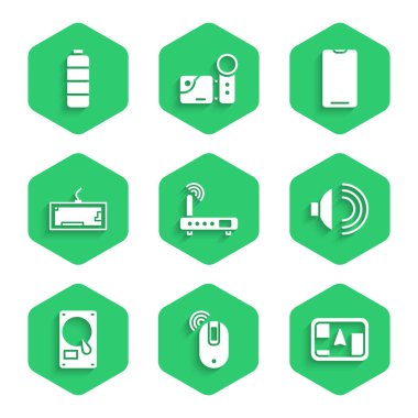 Set Router and wi-fi signal Wireless computer mouse Gps device with map Speaker volume Hard disk drive HDD Keyboard Smartphone mobile phone and Battery charge level indicator icon. Vector.