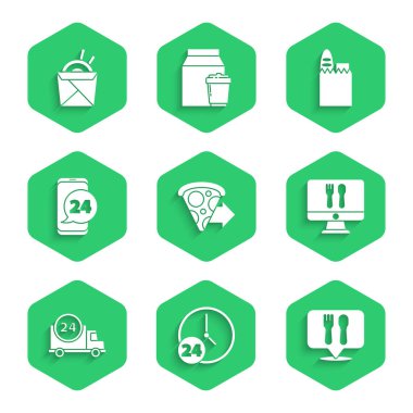 Çevrimiçi pizza siparişi veren saat 24 saat kafe ve restoran konumu yiyecek poşeti ve Asya erişte çubuğu ikonu ile hızlı. Vektör.