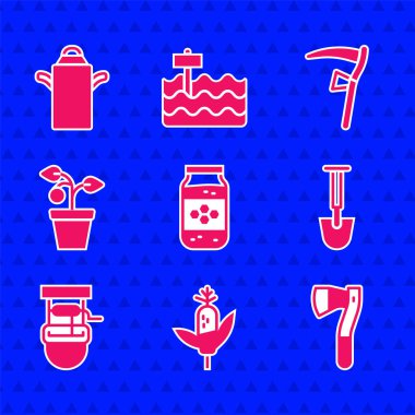 Mısır gevreği kavanozu, tahta balta küreği, kova, tırpan ve konserve kutuları ile süt ikonu olarak ayarlayın. Vektör.